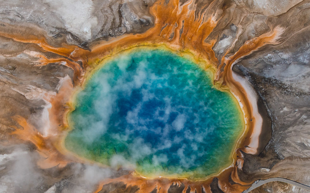 arial photo of grand prismatic spring in Yellowstone National Park
