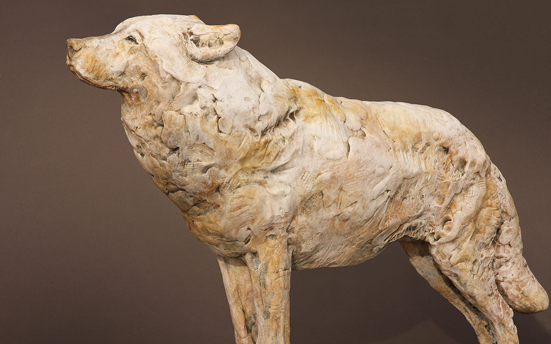 "White Lady" bronze sculpture of Yellowstone gray wolf
