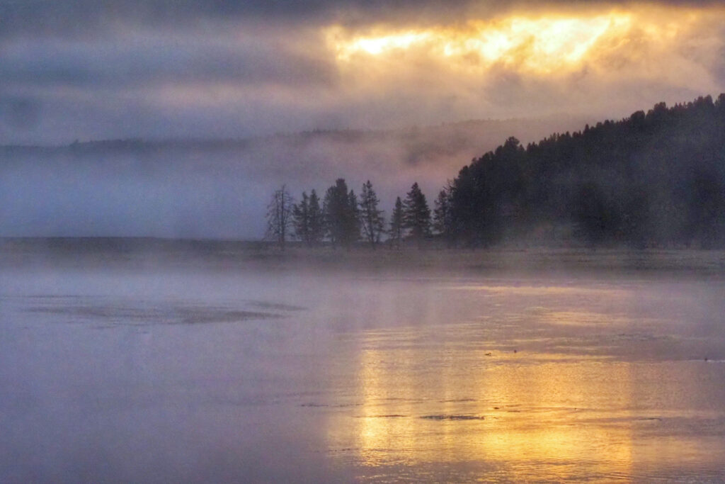 sunrise mist on the Yellowstone River Fall Basecamp Fishing Bridge