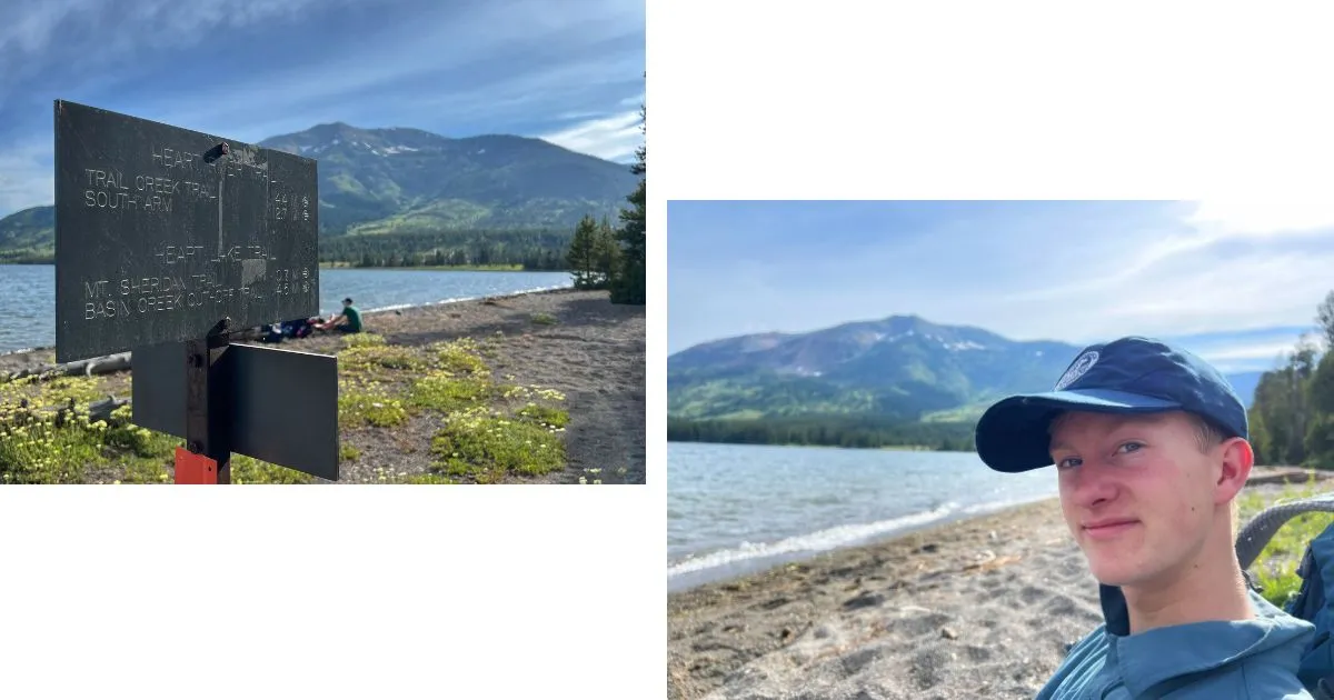 Composite image showing two scenes at Heart Lake in Yellowstone: Left, a metal trail sign with a lake and Mt. Sheridan in the background. Right, a close-up of young George smiling while sitting on the lakeshore, with water and mountains behind him.