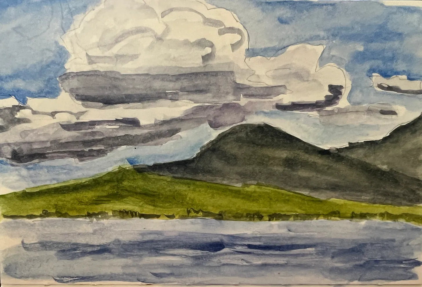 Watercolor painting of Heart Lake with dark green hills, forested mountains, and dramatic gray and white clouds above a blue lake.